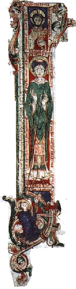 Une enluminure d'un manuscript du XIe sicle reprsentant Guillaume de Saint-Calais avec  ses pieds un auto-portrait du scribe
